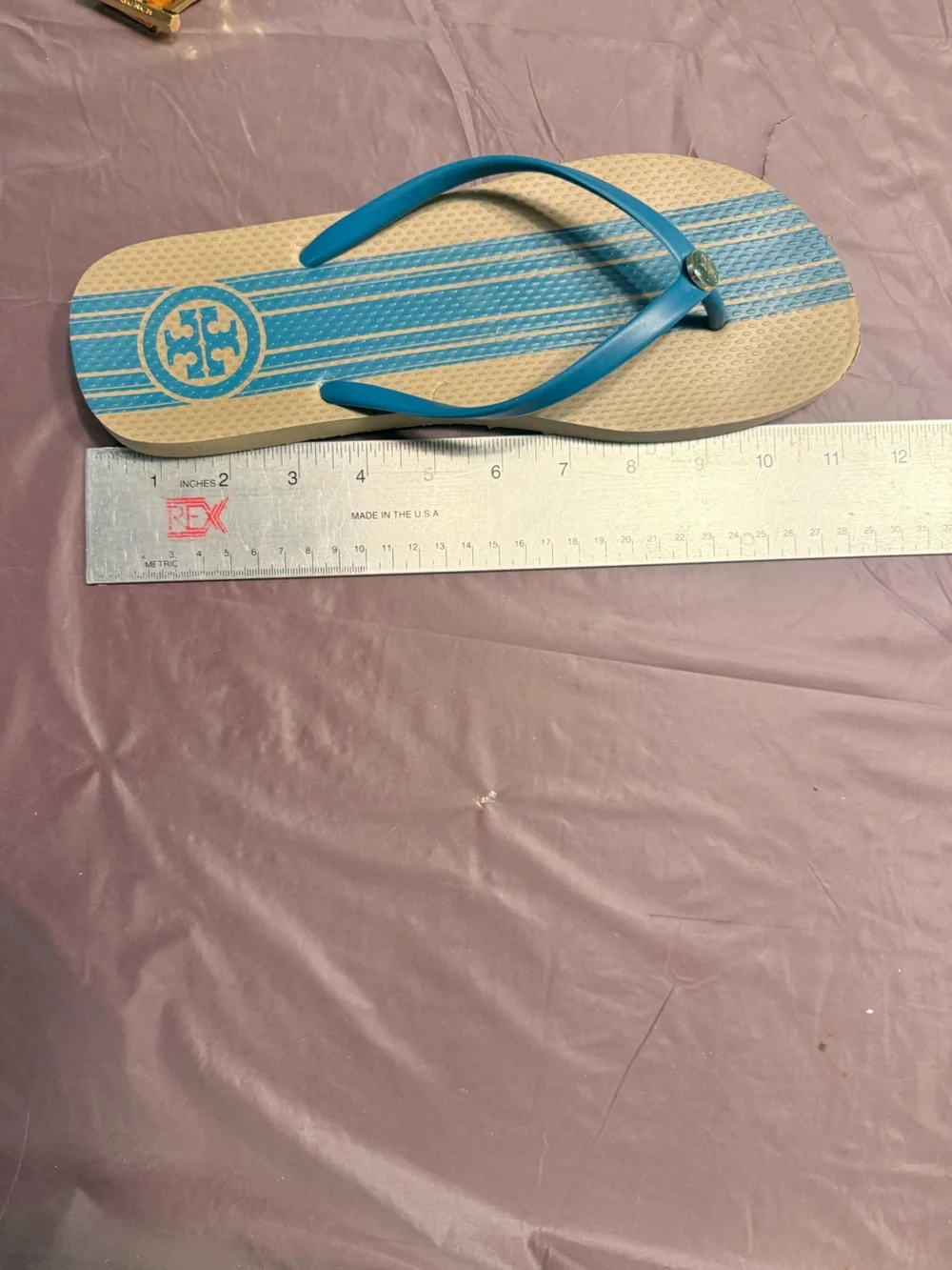 Tory Burch Teal Strap Sandals with Tan Striped Footbed Size 11